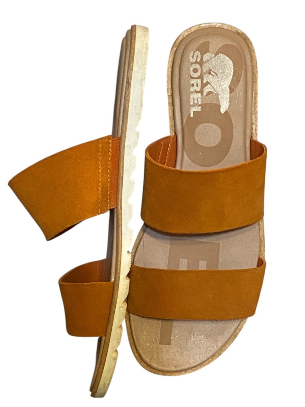 Sorel Women's Ella II leather/suede slide sandals. Desert Sun. Sz 7